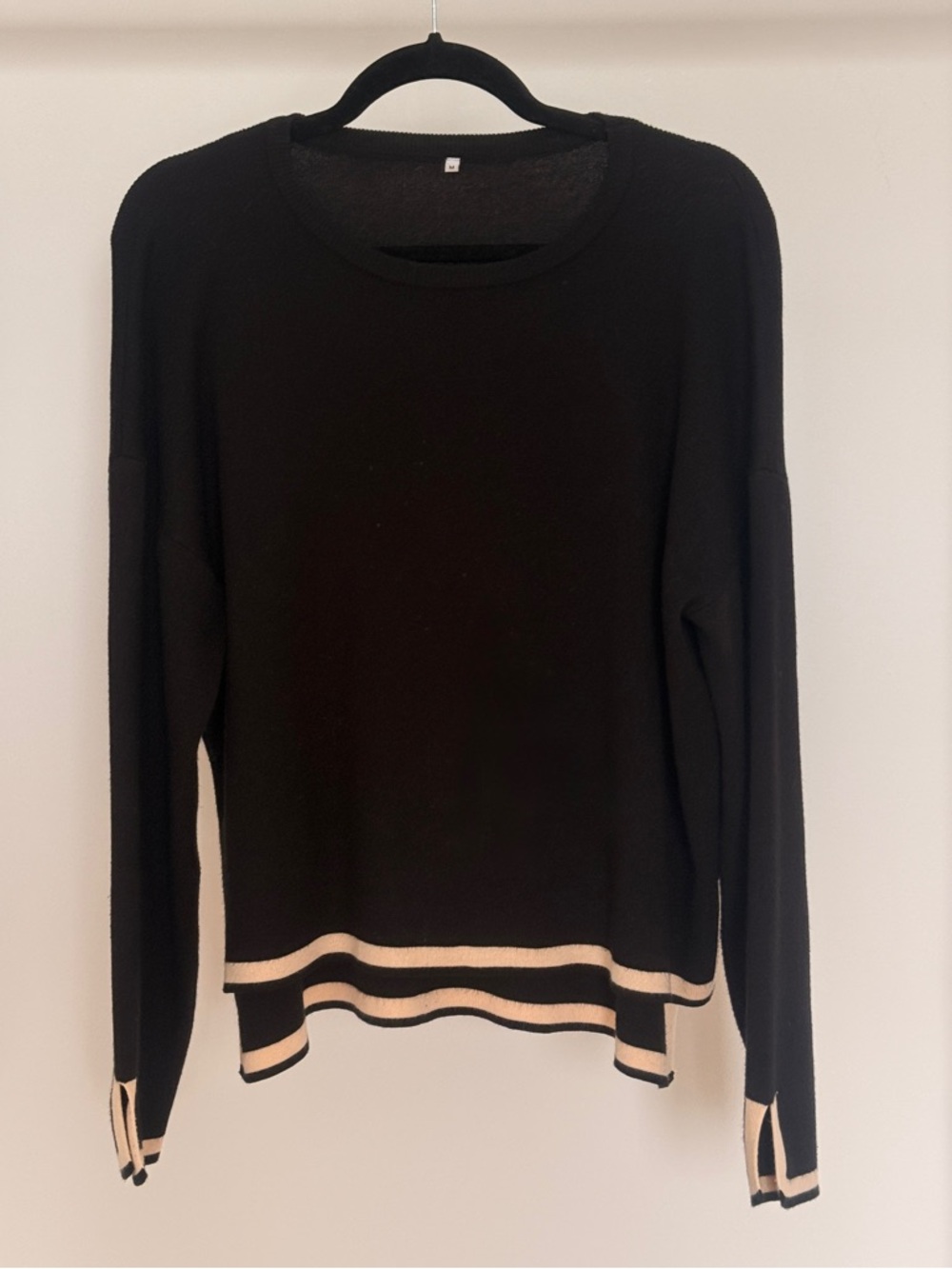 Commense Black Crewneck Sweater with Cream Stripe Trim